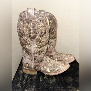 Corral Vintage Jessica Western Cowgirl Boots Brown Inlay Leather Studs Size 7